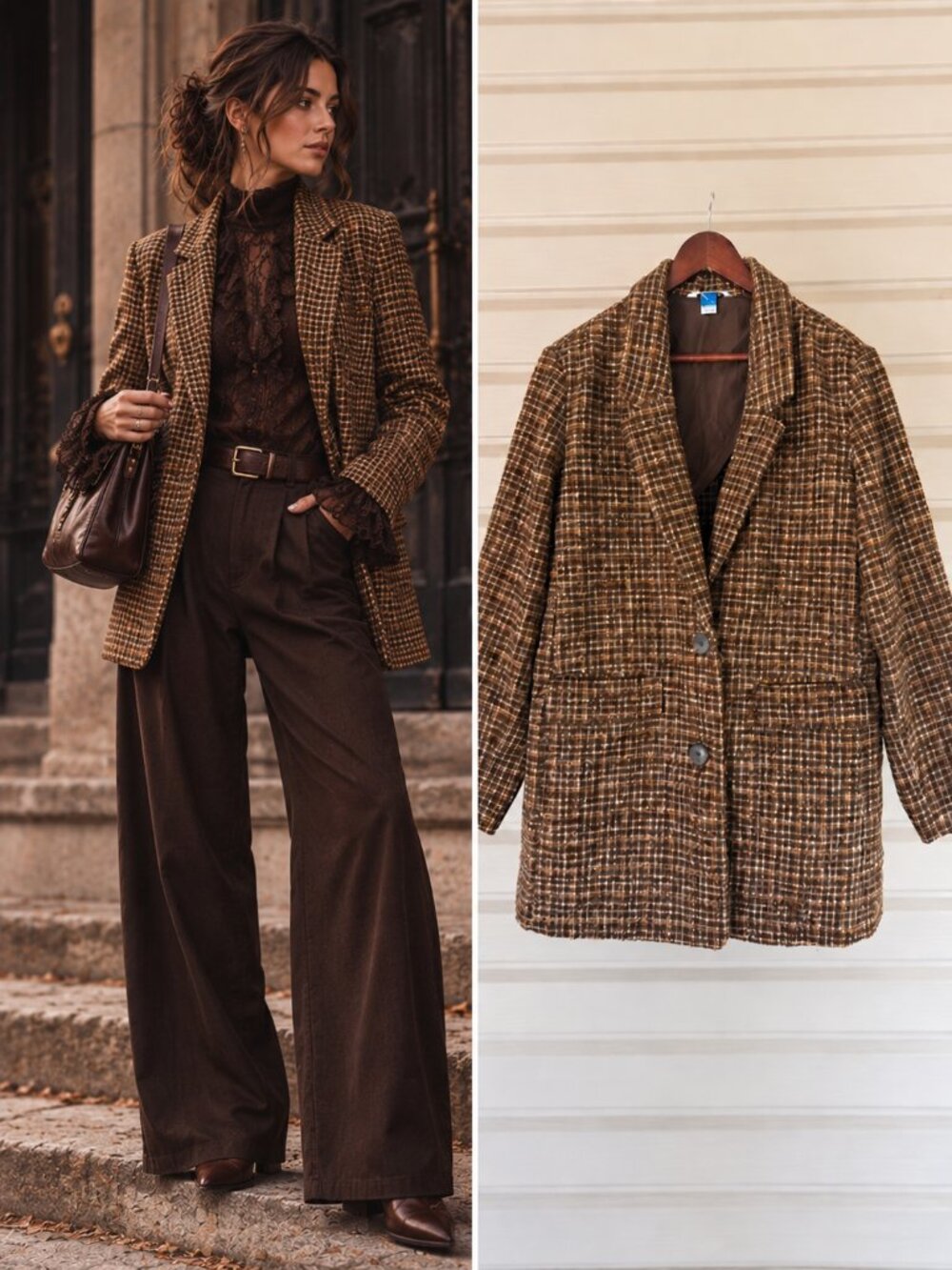 Old Navy Brown Plaid Tweed Blazer Tailored Longline Preppy Dark Academia XL